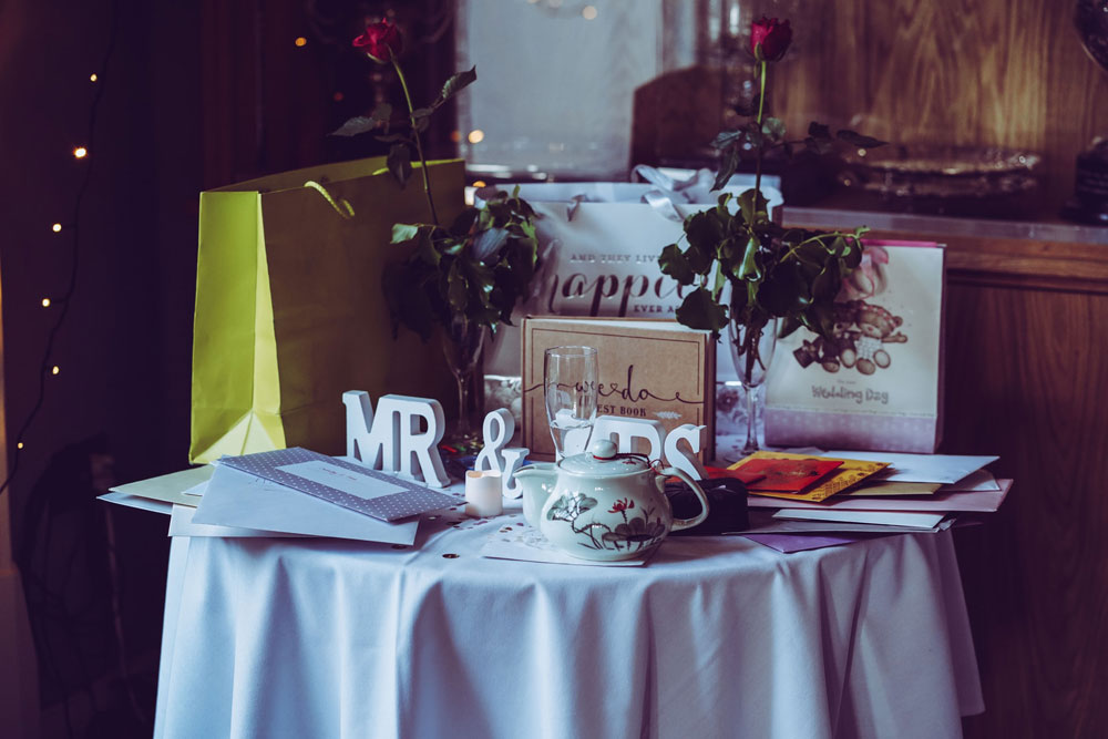 Wedding gifts on a table.